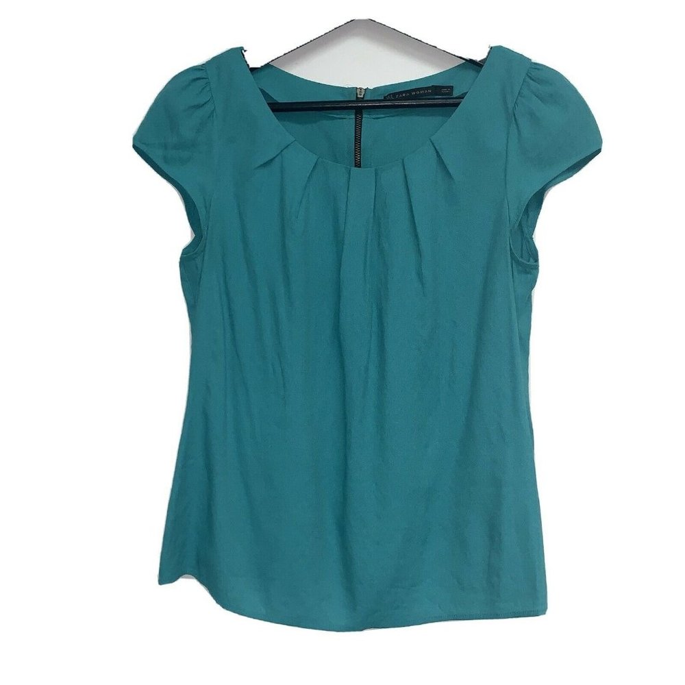 Zara Woman Cap Sleeve Pleated Blouse Size S Blue Green Top Zipper Back Detail